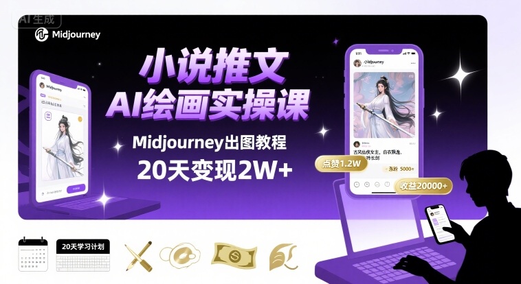 小说推文：干货分享之【AI绘画MJ出图】实操课，用Midjourney做小说推文，20天挣2w（2个半小时直播教学）-AI创作学习-提示词应用-短视频玩法青花瓷AI学习网