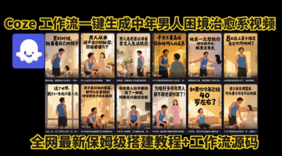 coze工作流：一键生成”中年男人困境扎心图文视频”，保姆级拆解教程+源码-AI创作学习-提示词应用-短视频玩法青花瓷AI学习网