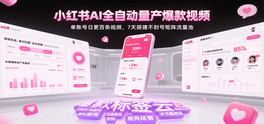 超哥：小红书AI全自动量产爆款视频，单账号日更百条视频，7天搭建不封号矩阵流量池（更新…）-AI创作学习-提示词应用-短视频玩法青花瓷AI学习网