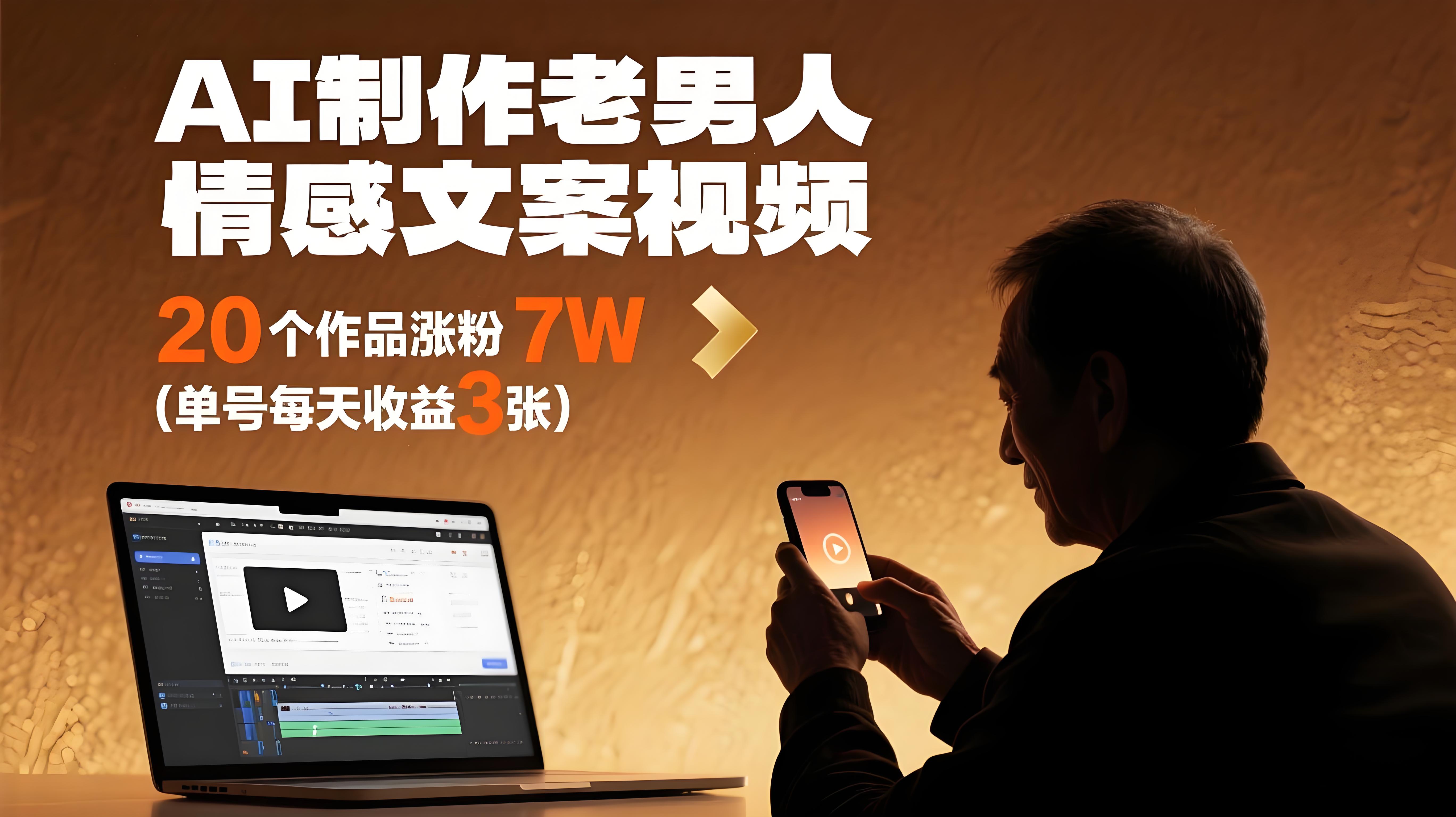 （评论可见）用AI做老男人情感文案视频，20个作品涨粉7W，单号每天收益3张+-AI创作学习-提示词应用-短视频玩法青花瓷AI学习网